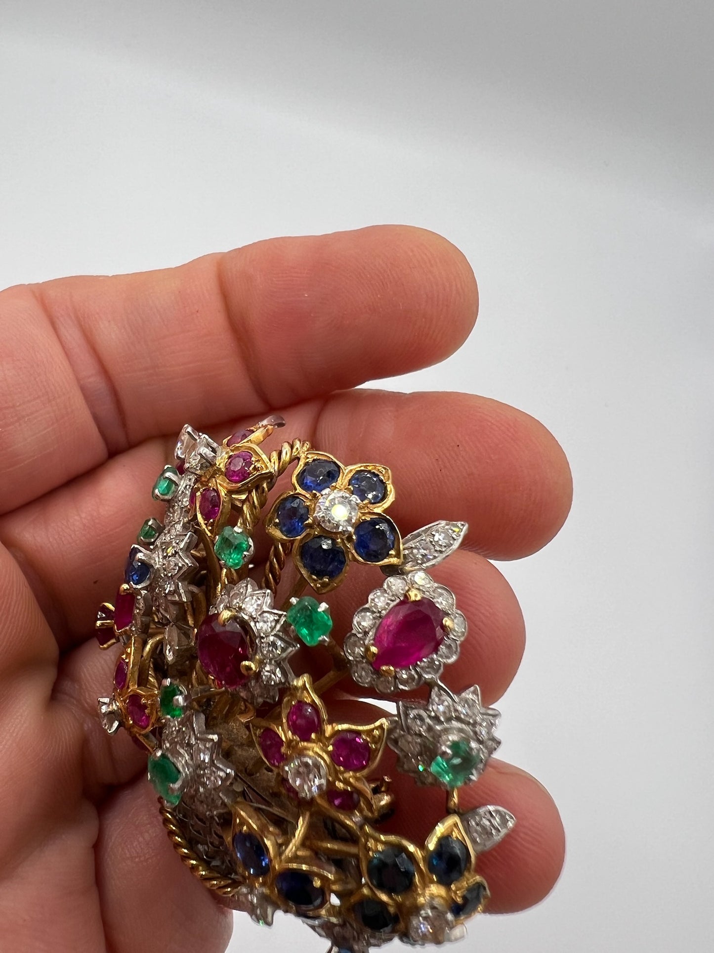 Giardinetti Diamond Ruby Emerald Sapphire Brooch Pin in 18ct Gold