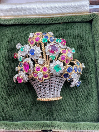 Giardinetti Diamond Ruby Emerald Sapphire Brooch Pin in 18ct Gold