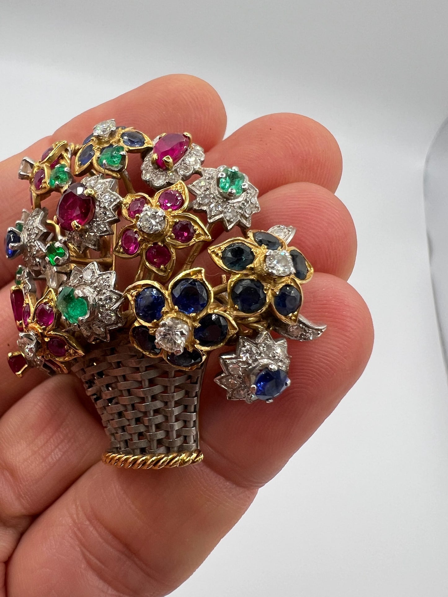 Giardinetti Diamond Ruby Emerald Sapphire Brooch Pin in 18ct Gold