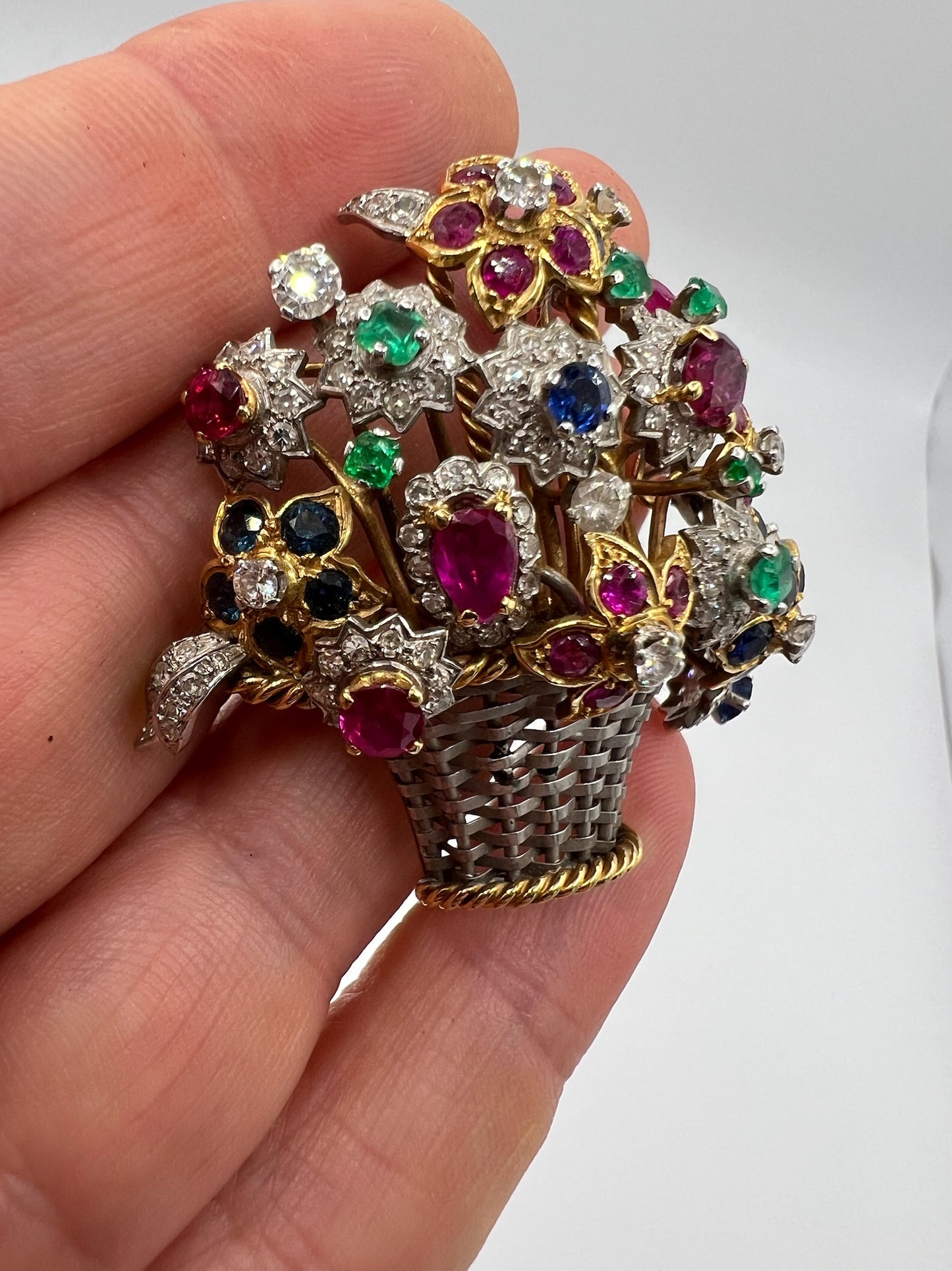 Giardinetti Diamond Ruby Emerald Sapphire Brooch Pin in 18ct Gold