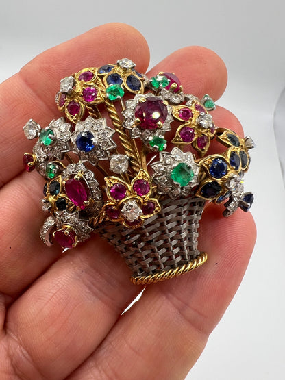 Giardinetti Diamond Ruby Emerald Sapphire Brooch Pin in 18ct Gold