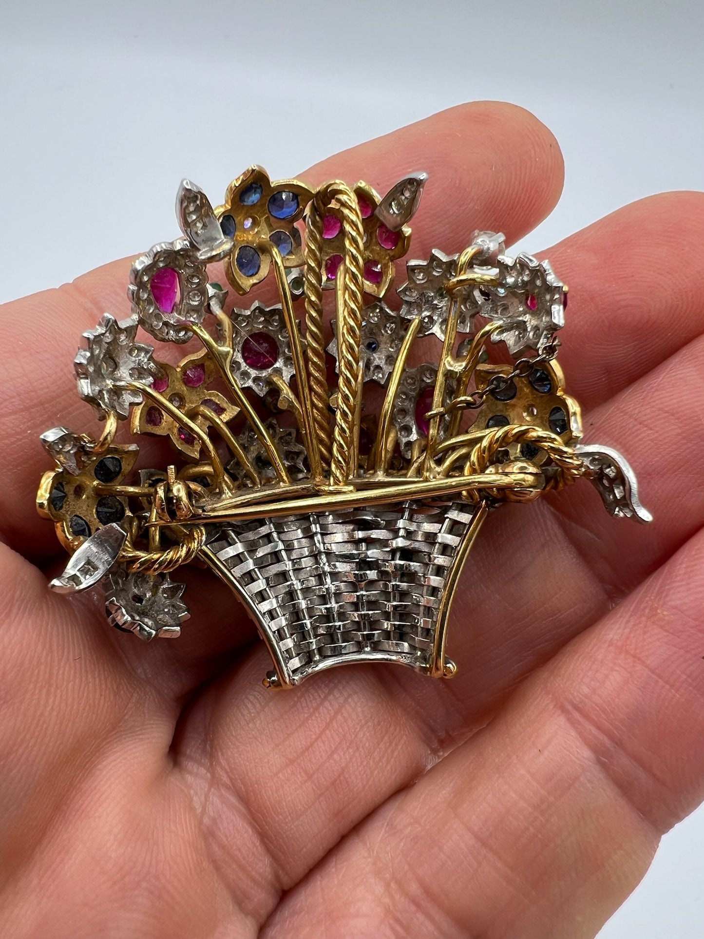 Giardinetti Diamond Ruby Emerald Sapphire Brooch Pin in 18ct Gold