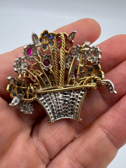 Giardinetti Diamond Ruby Emerald Sapphire Brooch Pin in 18ct Gold