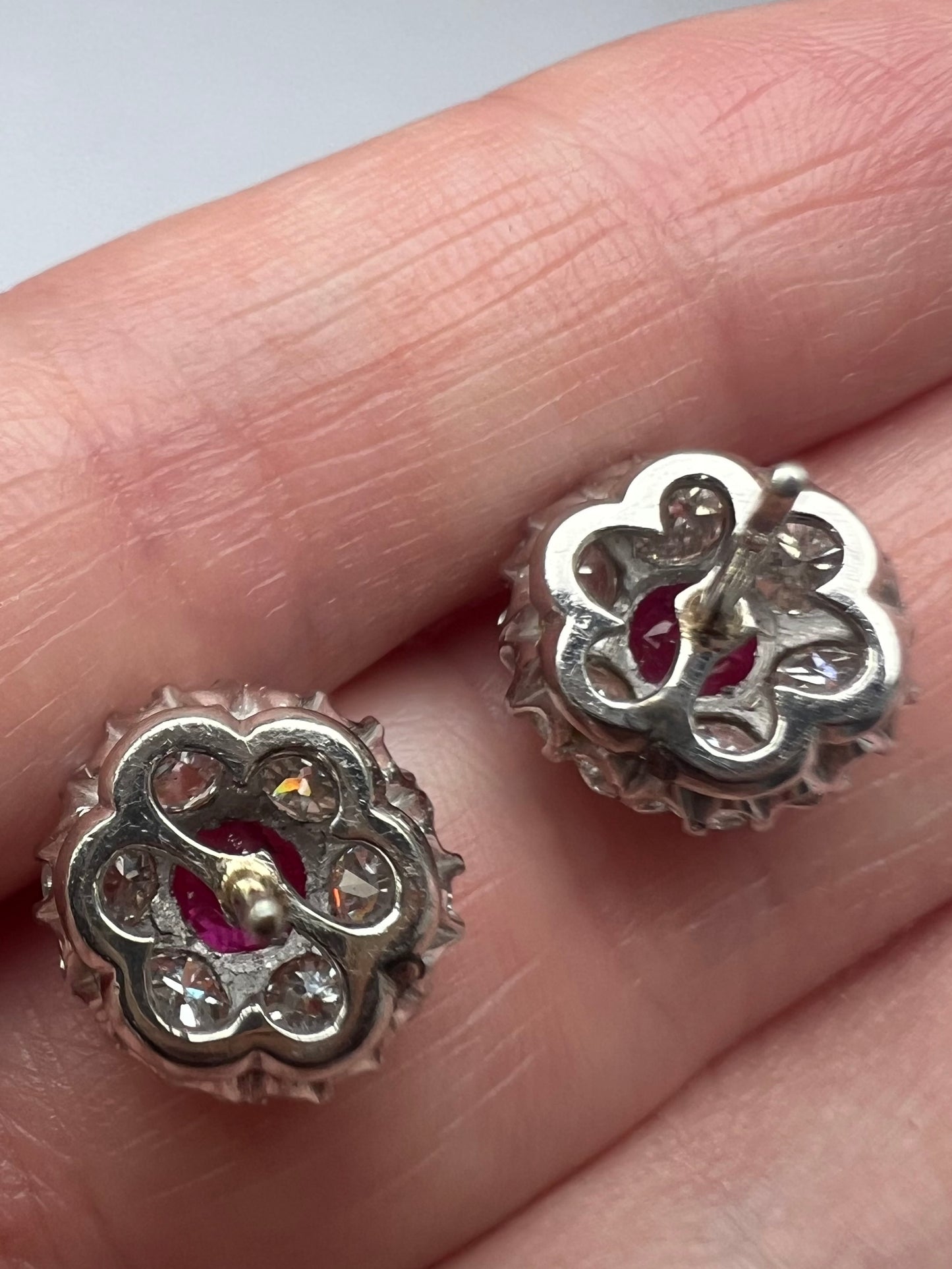 Late Art Deco 1950s Natural Ruby Diamond Daisy Cluster Stud Earrings, Boxed 18ct White Gold