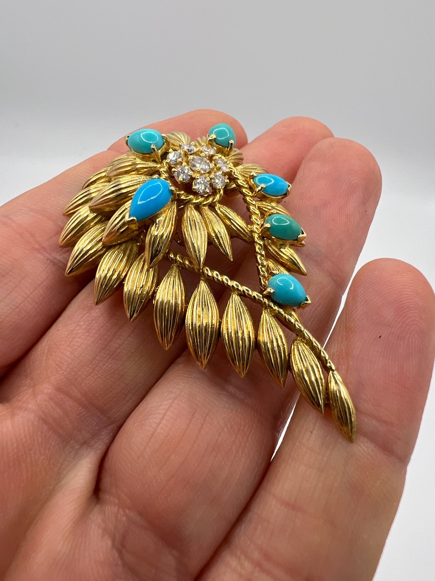 Ben Rosenfeld Heavy 18ct Gold Turquoise Diamond Brooch Pin Mid Century Modern