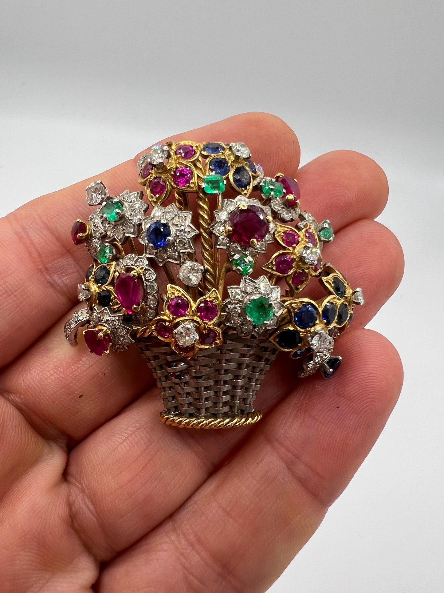 Giardinetti Diamond Ruby Emerald Sapphire Brooch Pin in 18ct Gold