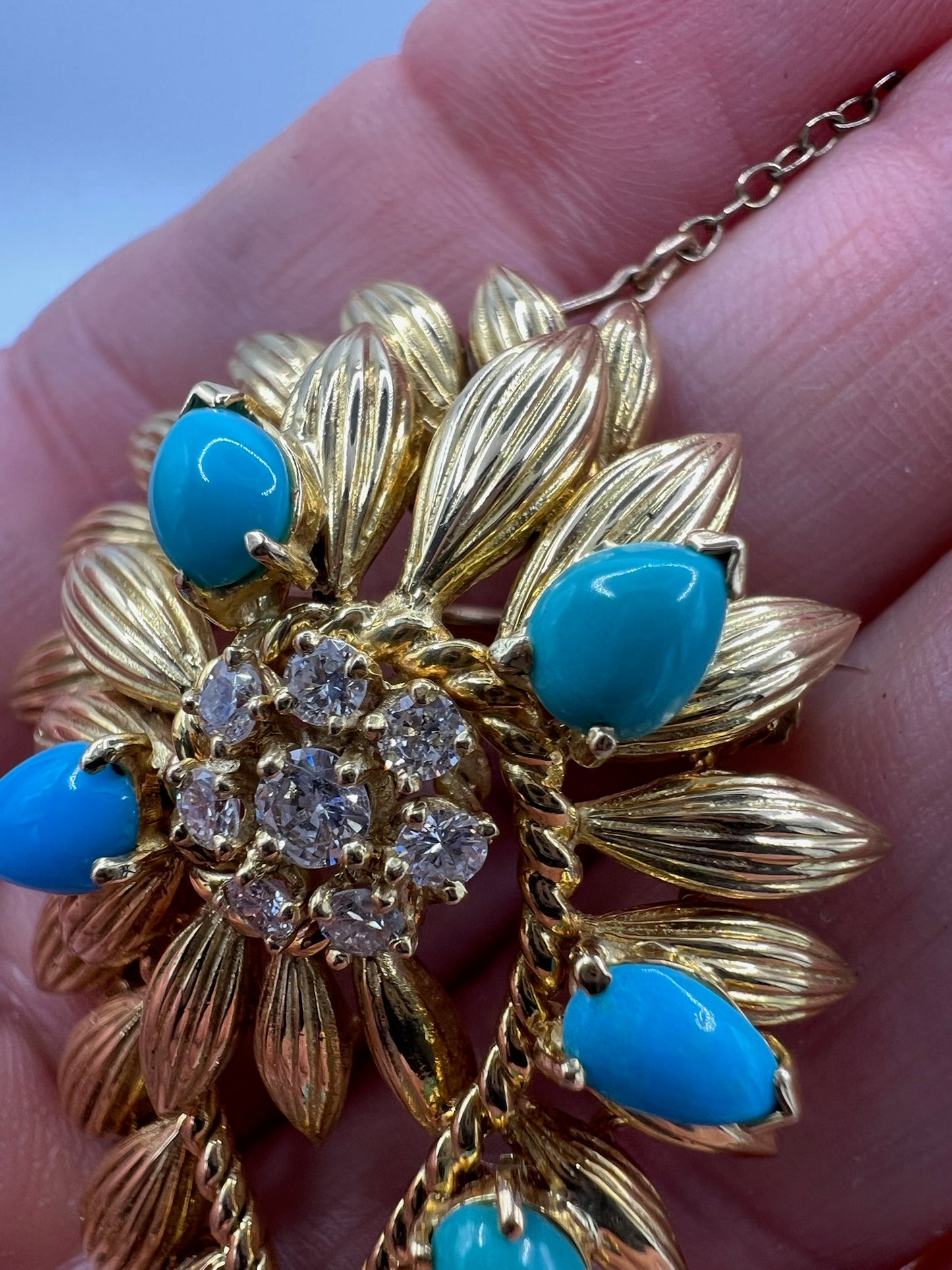 Ben Rosenfeld Heavy 18ct Gold Turquoise Diamond Brooch Pin Mid Century Modern