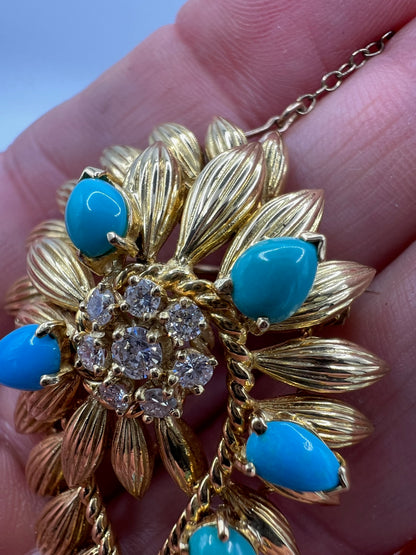Ben Rosenfeld Heavy 18ct Gold Turquoise Diamond Brooch Pin Mid Century Modern