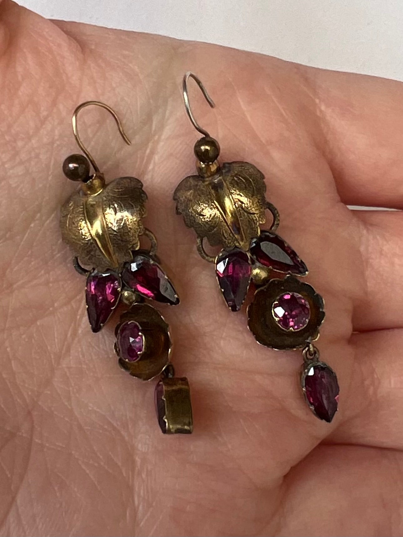 Gold Early 19th Century Pink Almandine Garnet Leaf Earrings