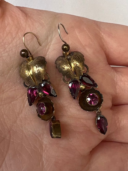 Gold Early 19th Century Pink Almandine Garnet Leaf Earrings