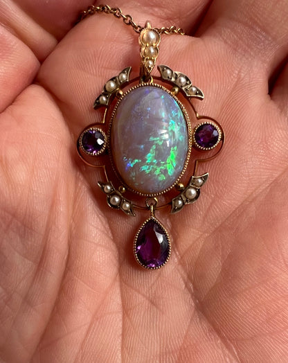 Striking Antique Large Opal Amethyst & Seed Pearl Pendant & Chain