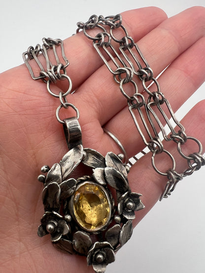 Arts & Crafts Citrine Silver Flower Necklace