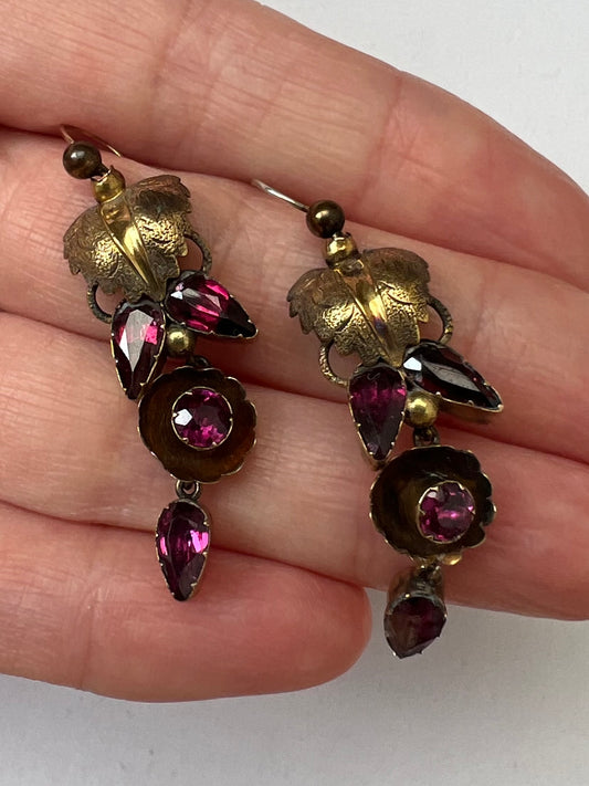 Gold Early 19th Century Pink Almandine Garnet Leaf Earrings