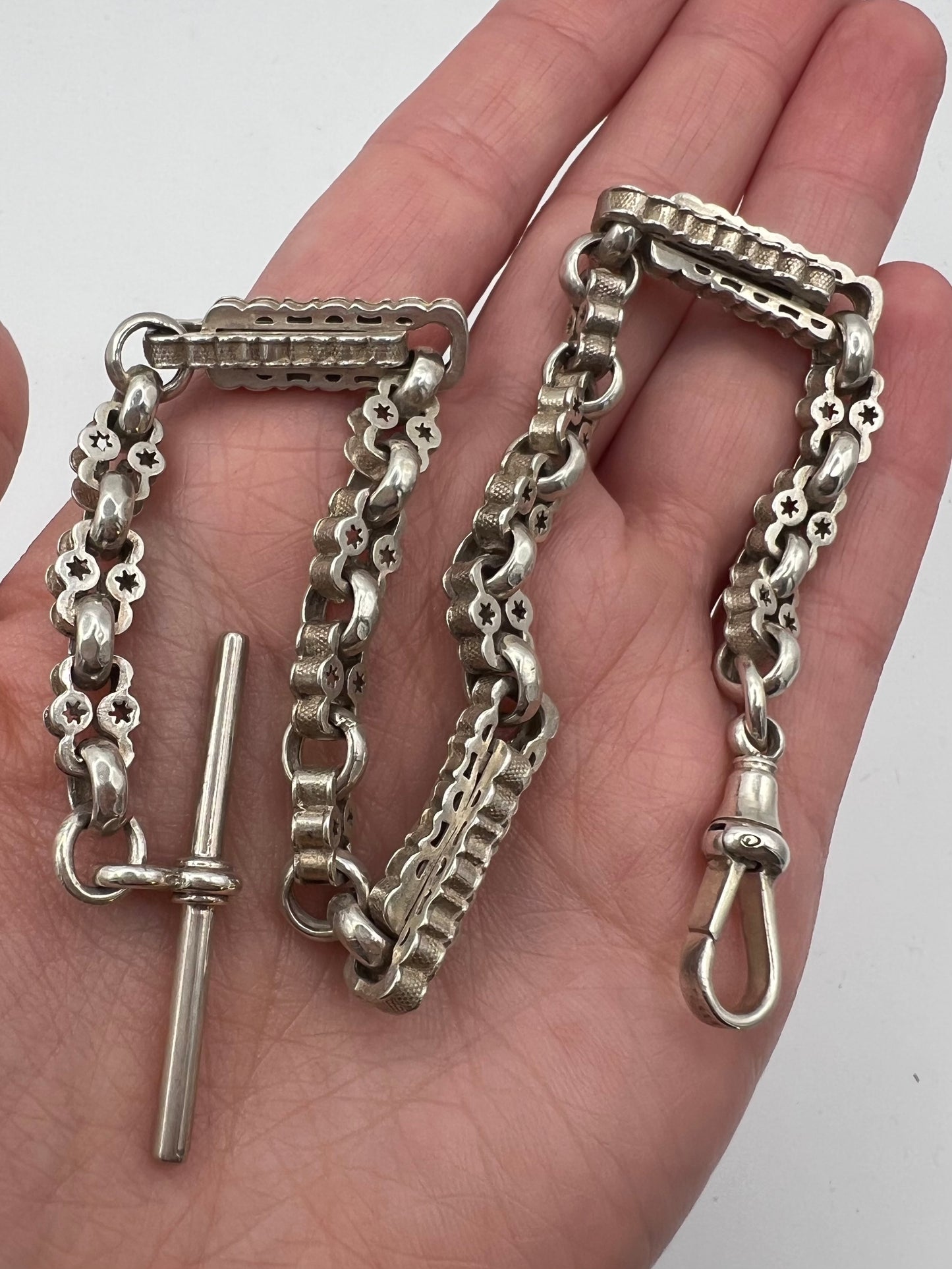 Victorian Stars & Bars Silver Albert Chain Bracelet T bar & Dog Clip