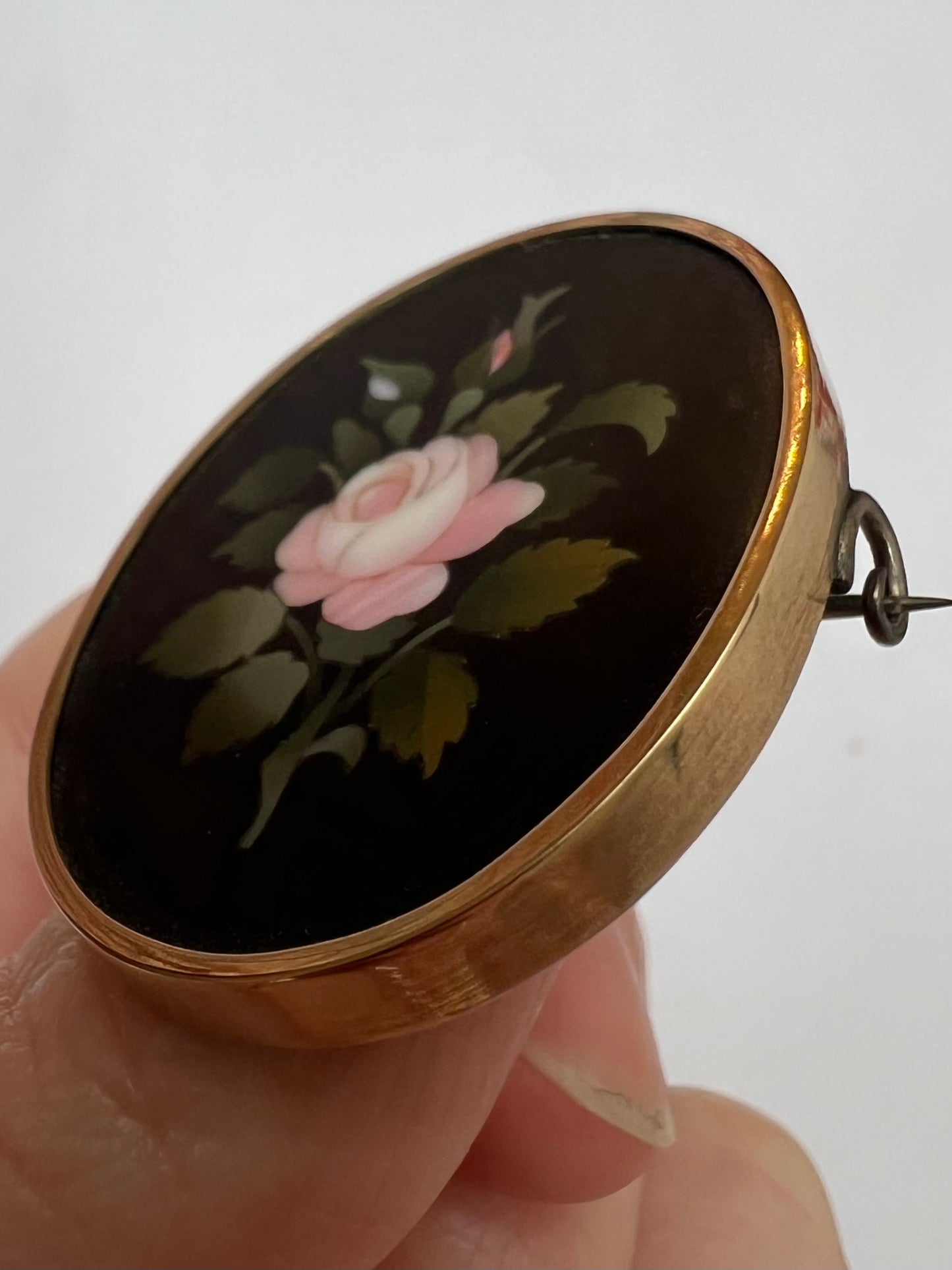 Pietra Dura Rose Oval Gold Flower Brooch