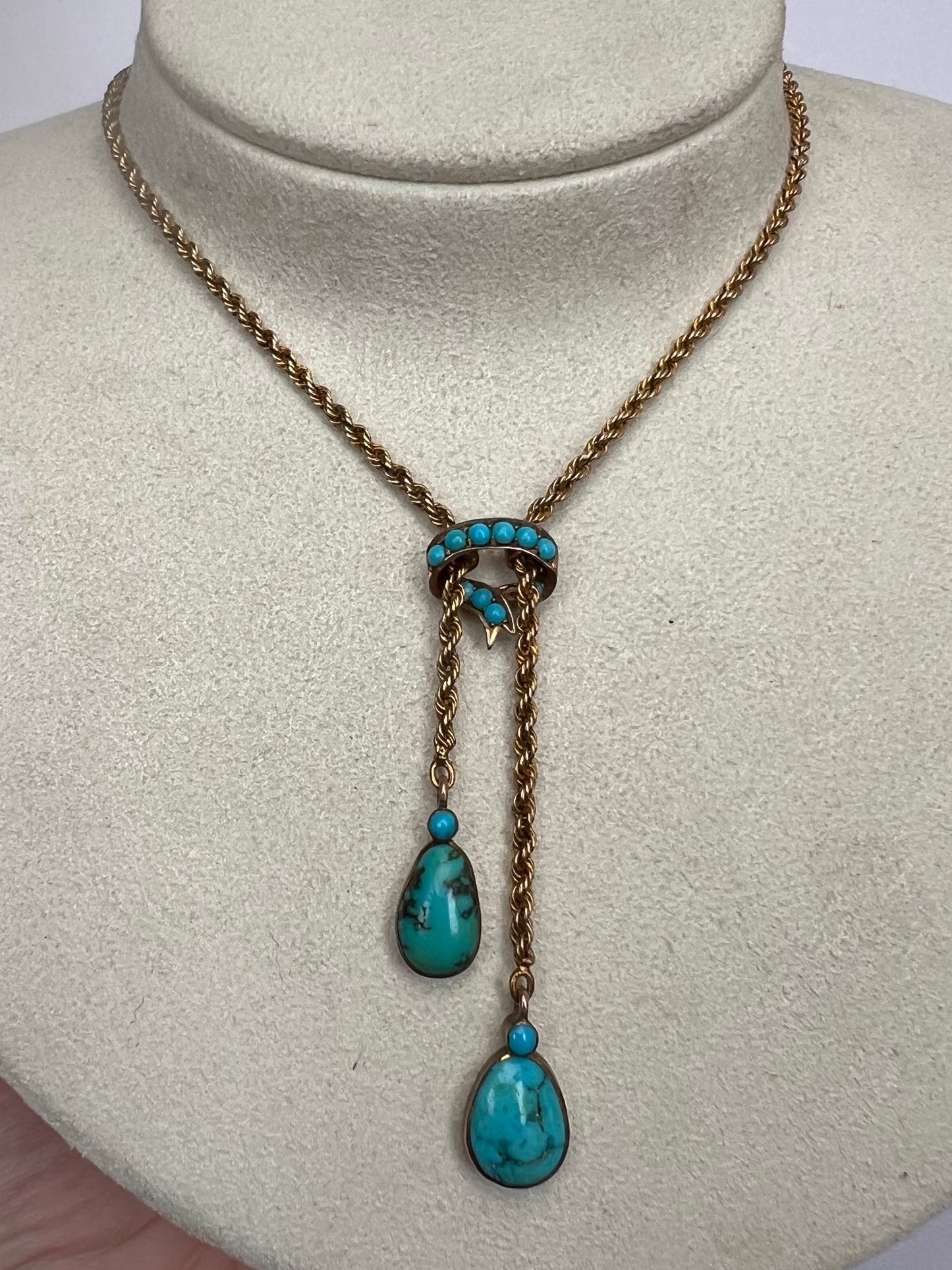 c1915 Turquoise & Gold Negligee Double Drop Pendant Necklace