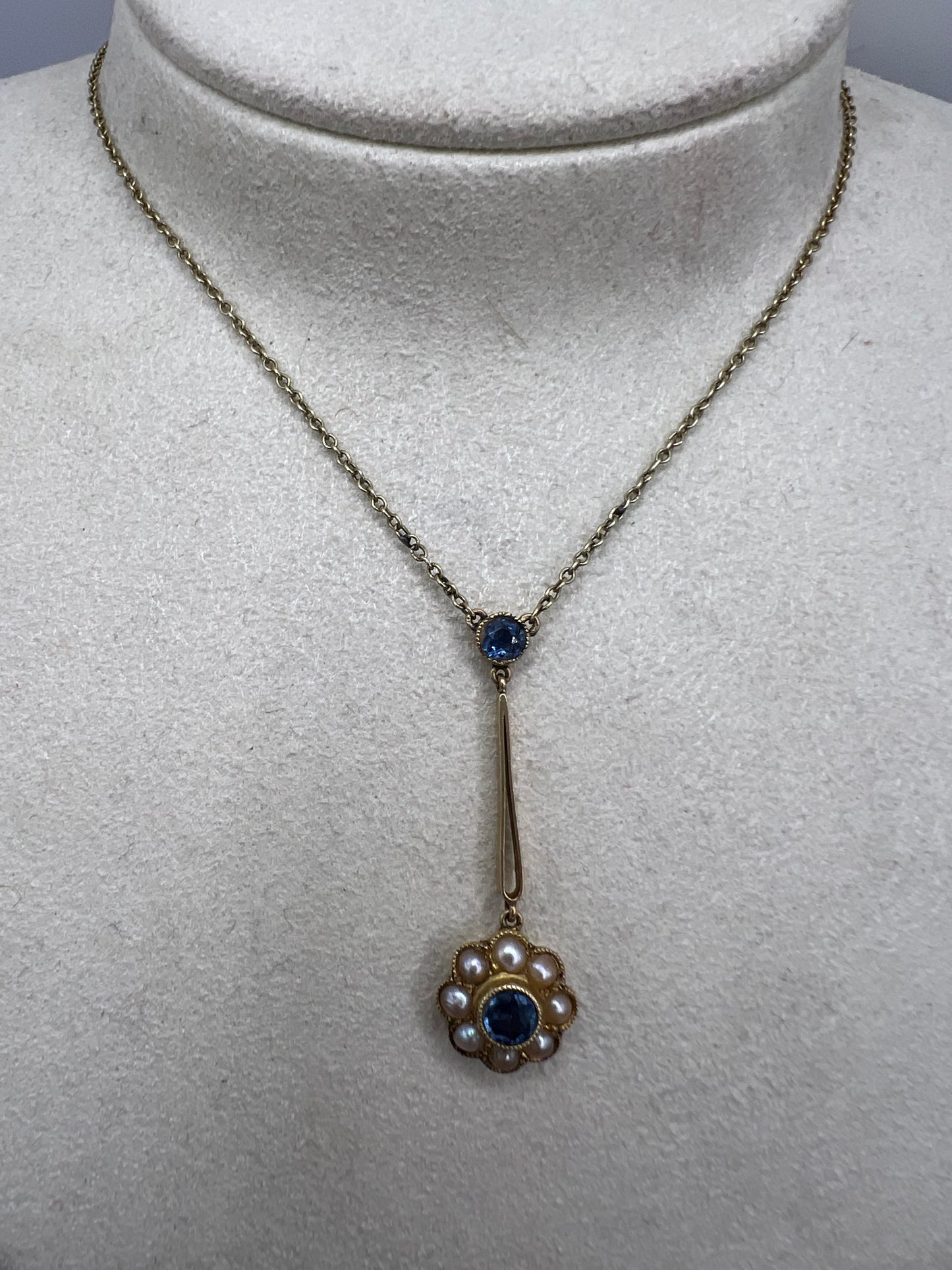 Cornflower Blue Sapphire Daisy Pearl Edwardian Pendant 15ct Gold