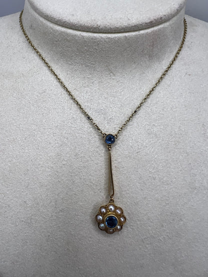 Cornflower Blue Sapphire Daisy Pearl Edwardian Pendant 15ct Gold