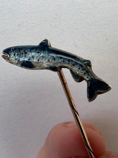 Alabaster & Wilson Fly Fishing Interest Trout or Salmon Gold & Enamel Fish Stick or Stock Pin