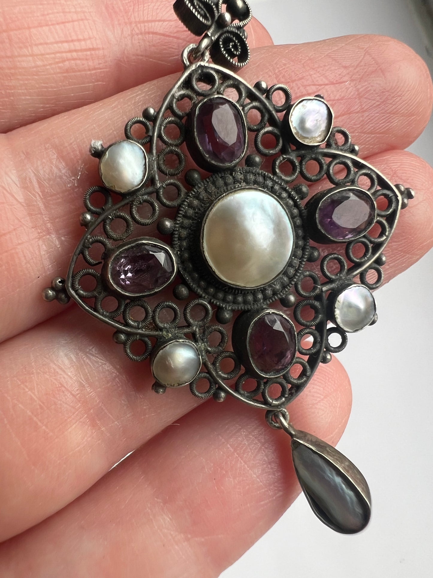 Arts & Crafts Blister Pearl Filigree Silver Amethyst Pendant