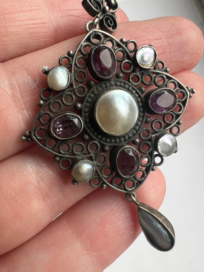 Arts & Crafts Blister Pearl Filigree Silver Amethyst Pendant