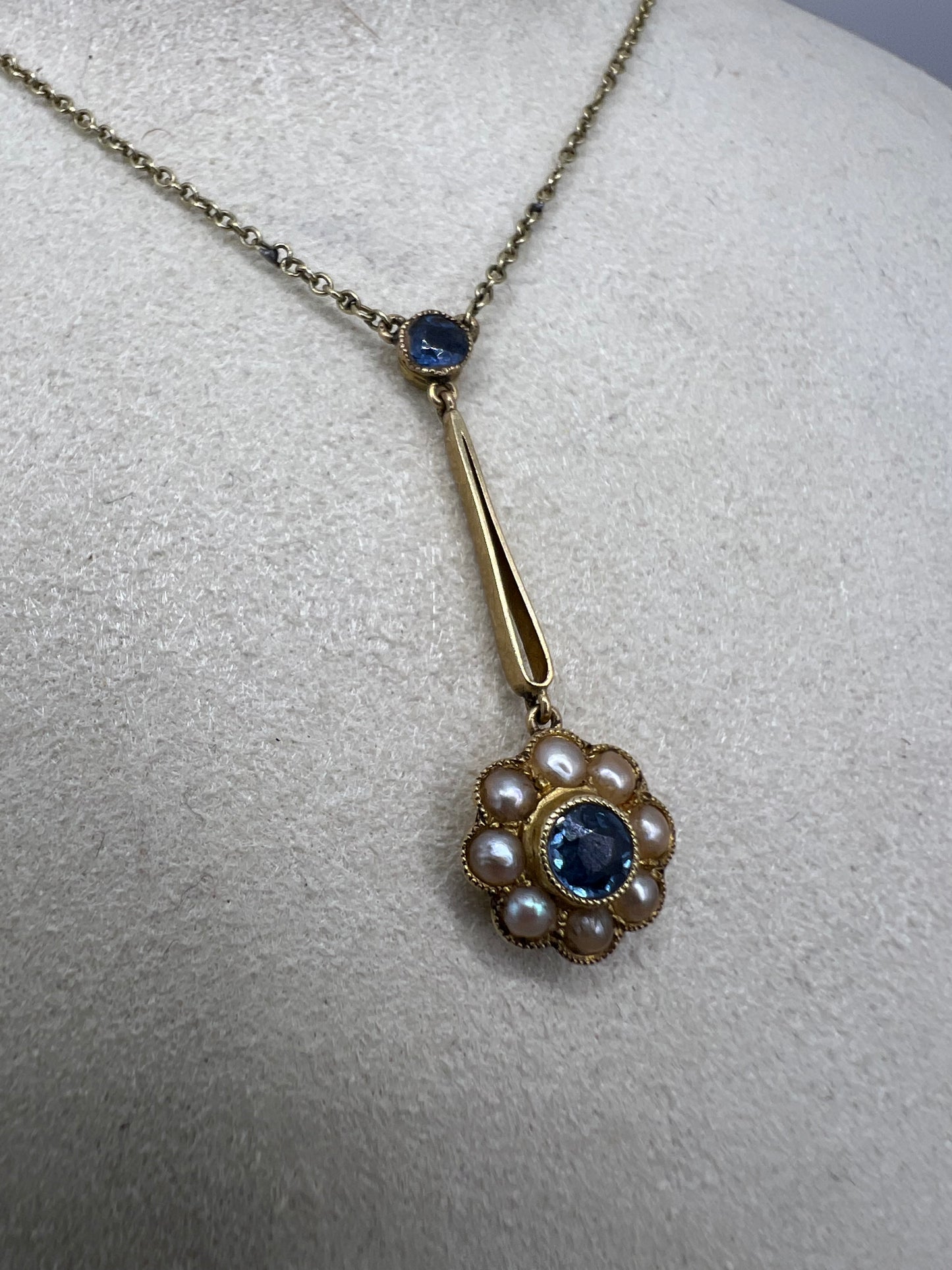 Cornflower Blue Sapphire Daisy Pearl Edwardian Pendant 15ct Gold