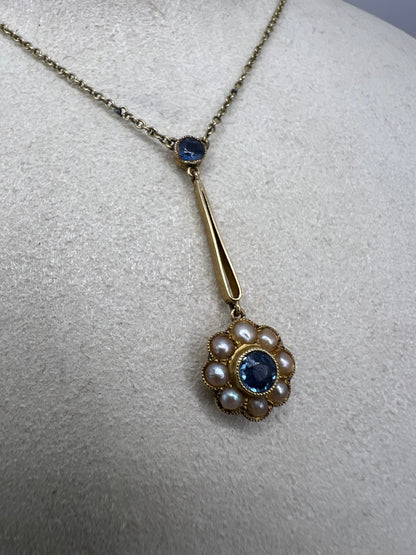 Cornflower Blue Sapphire Daisy Pearl Edwardian Pendant 15ct Gold