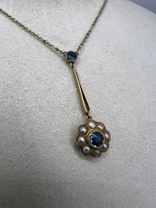 Cornflower Blue Sapphire Daisy Pearl Edwardian Pendant 15ct Gold