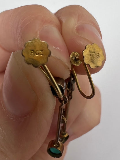 Edwardian Turquoise Pearl Knife Edge Set Screw-back Earrings
