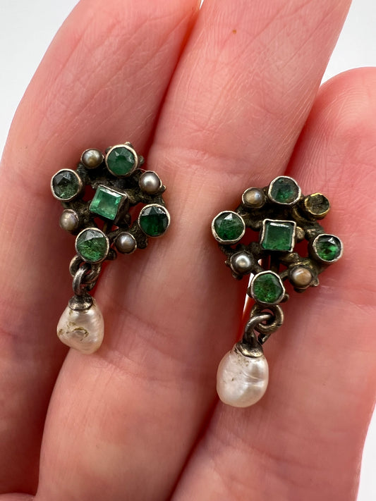 Austro Hungarian Antique Emerald Pearl Gold Silver Screw Back Earrings