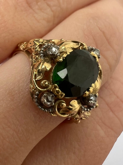 Unusual Arts and Crafts Green Tourmaline Diamond Gold Ring Perhaps American