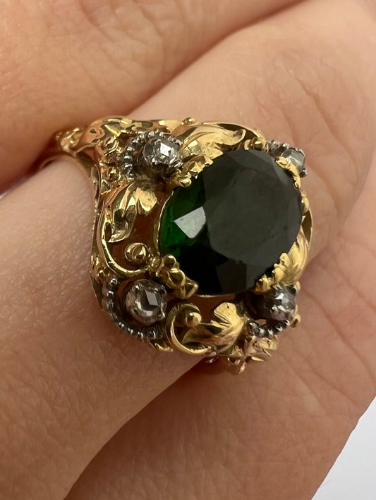 Unusual Arts and Crafts Green Tourmaline Diamond Gold Ring Perhaps American