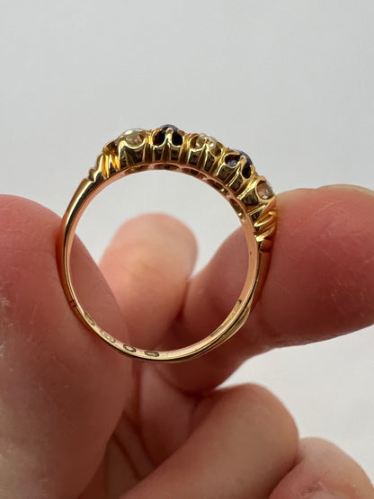 Victorian 18ct Gold Sapphire Old Cut Diamond 5 Stone Ring