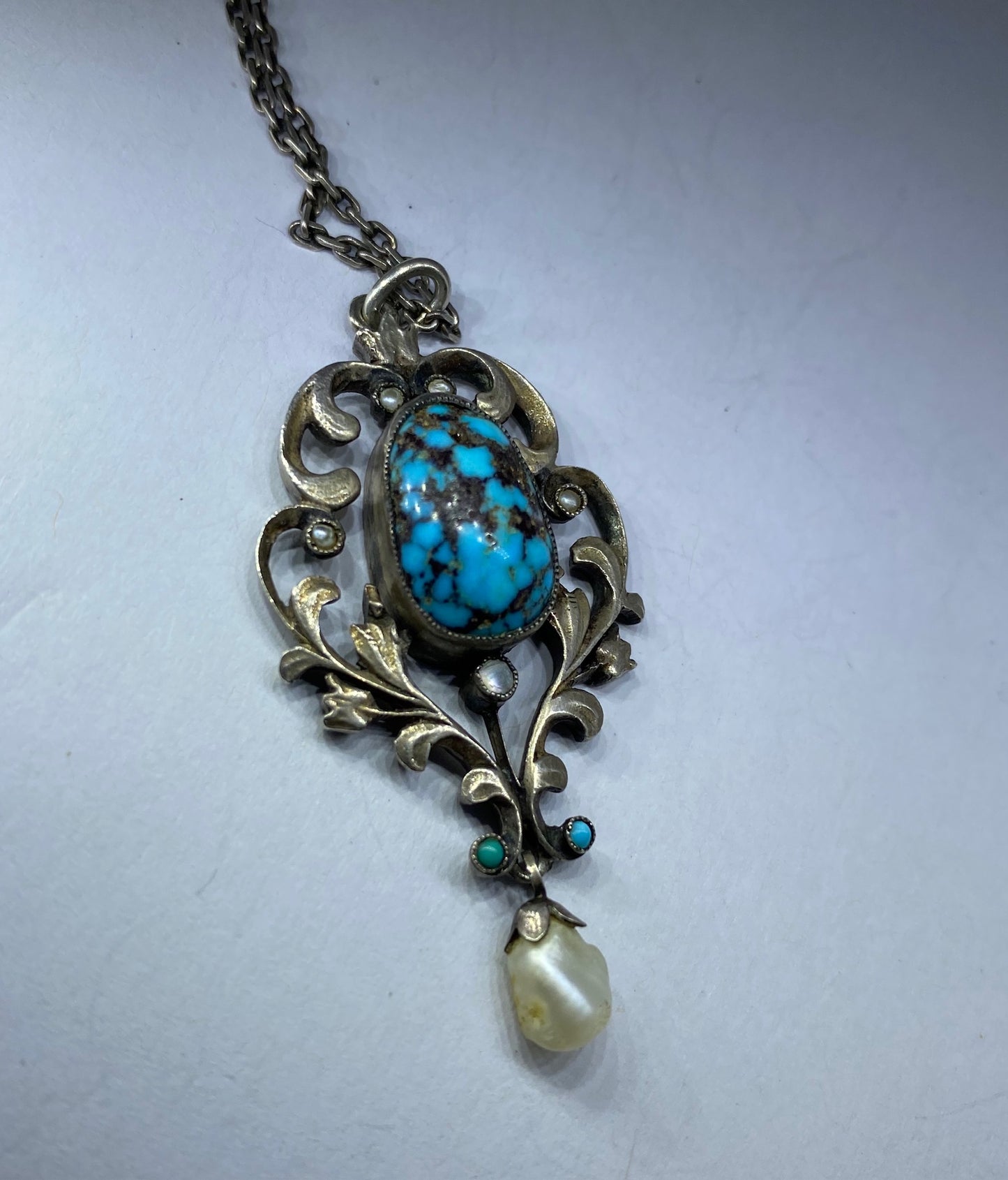 Turquoise Silver Pearl Arts & Crafts Pendant And Chain