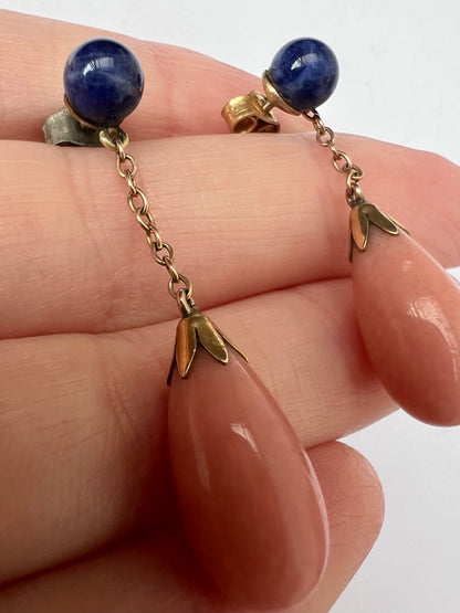 Very Elegant Angel Skin Pink Coral Lapis Lazuli Gold Drop Earrings