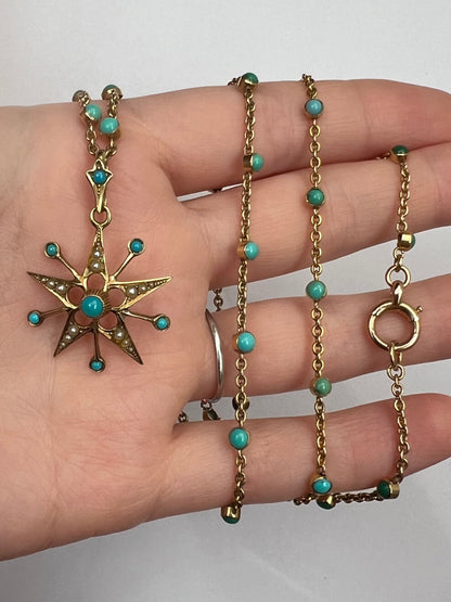 15ct Gold Fancy Turquoise Chain and Turquoise Pearl Star Pendant