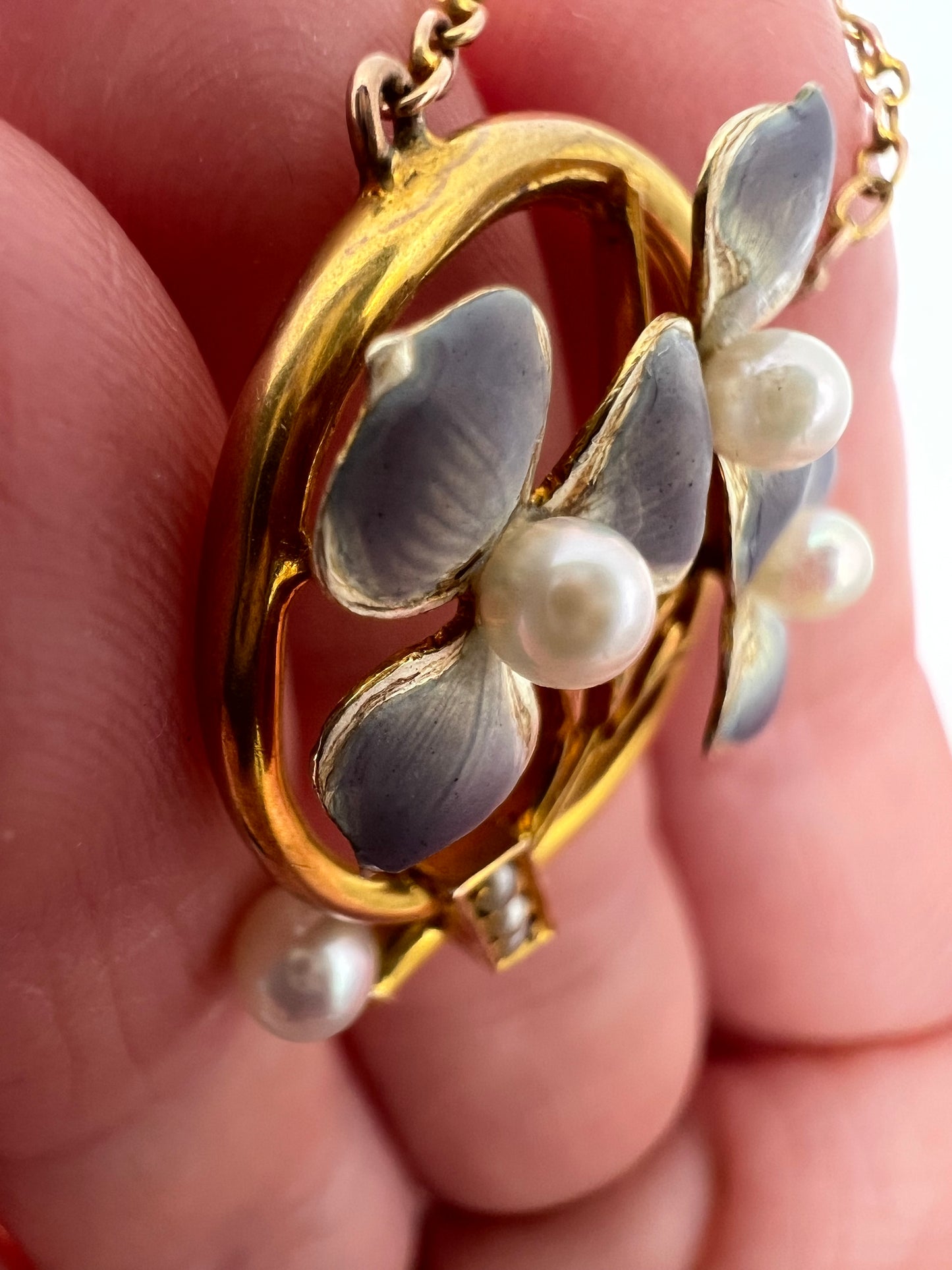 Art Nouveau Pansy Flower Enamel & Pearl Gold Necklace