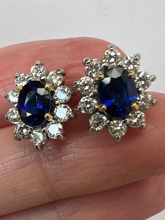 Superb 2 Carat Sapphire Diamond Halo Earrings 18ct White Gold