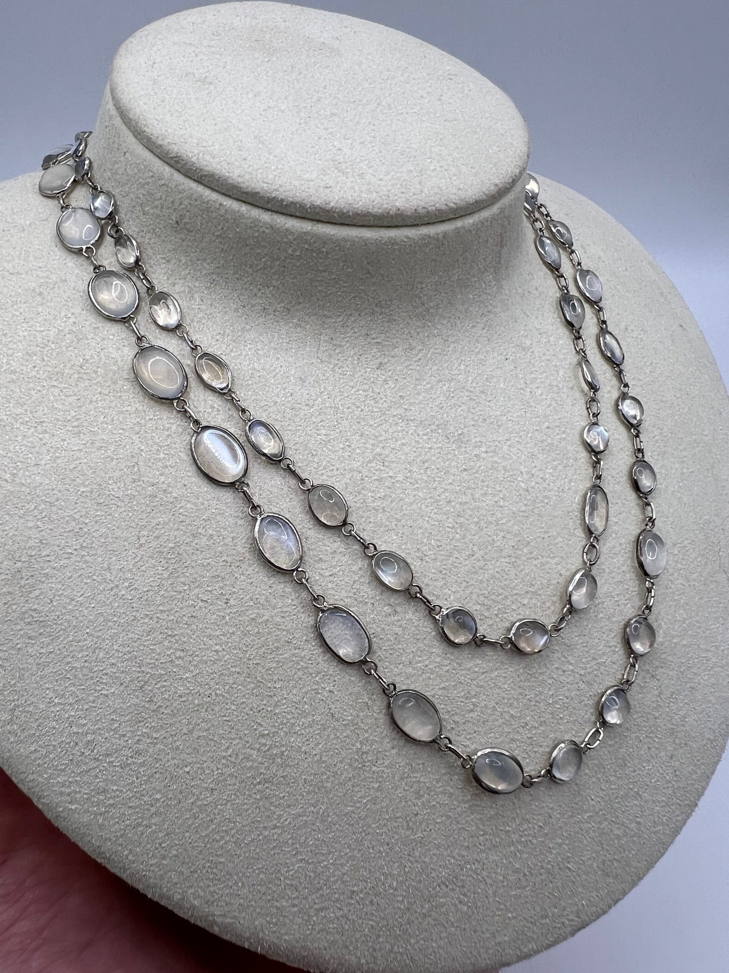 Dainty Hand Made Edwardian Graduated Moonstone Silver Chain Necklace