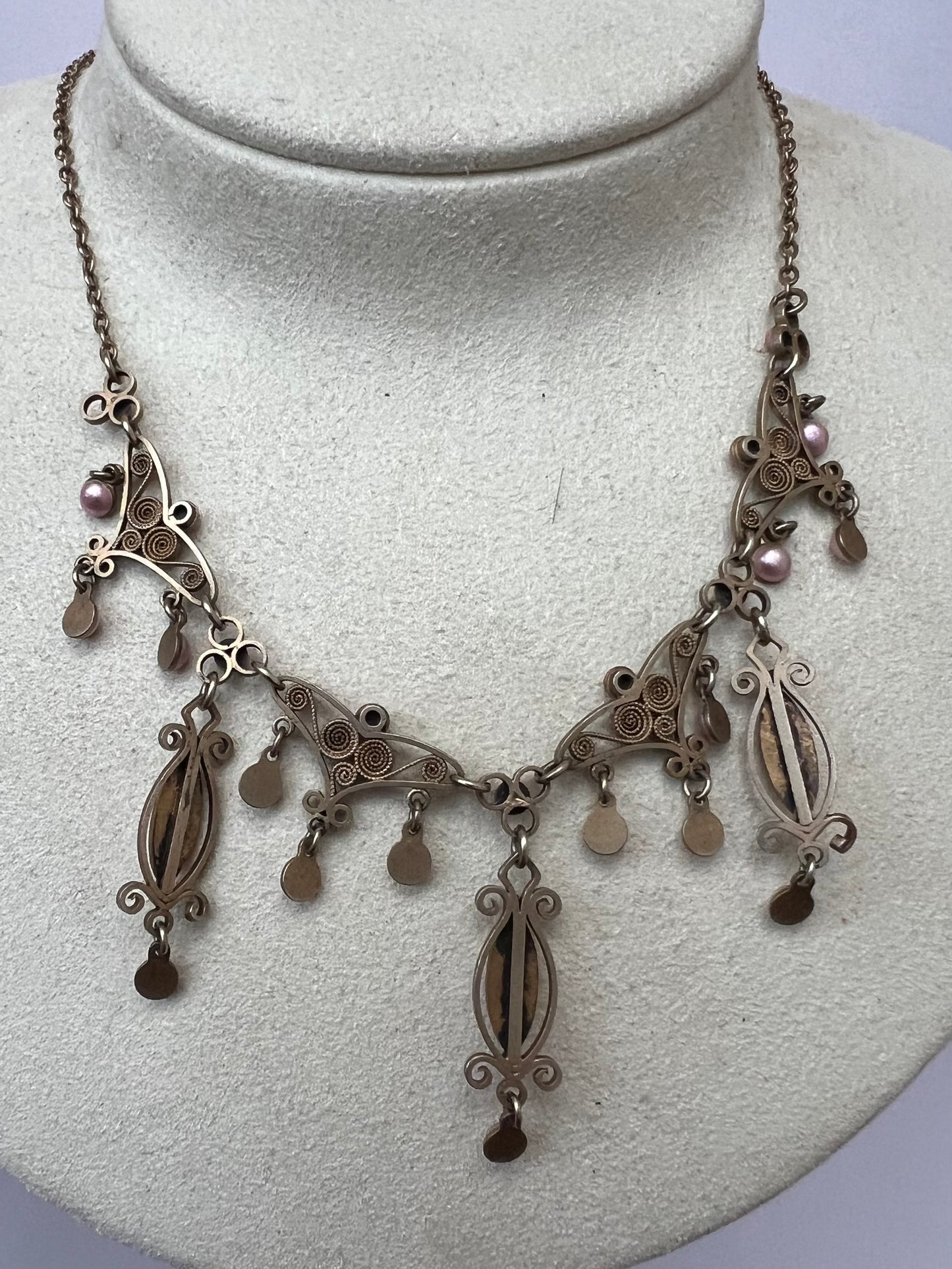 Pink Enamel Silver Gilt Norwegian Necklace Attributed to Marius Hammer