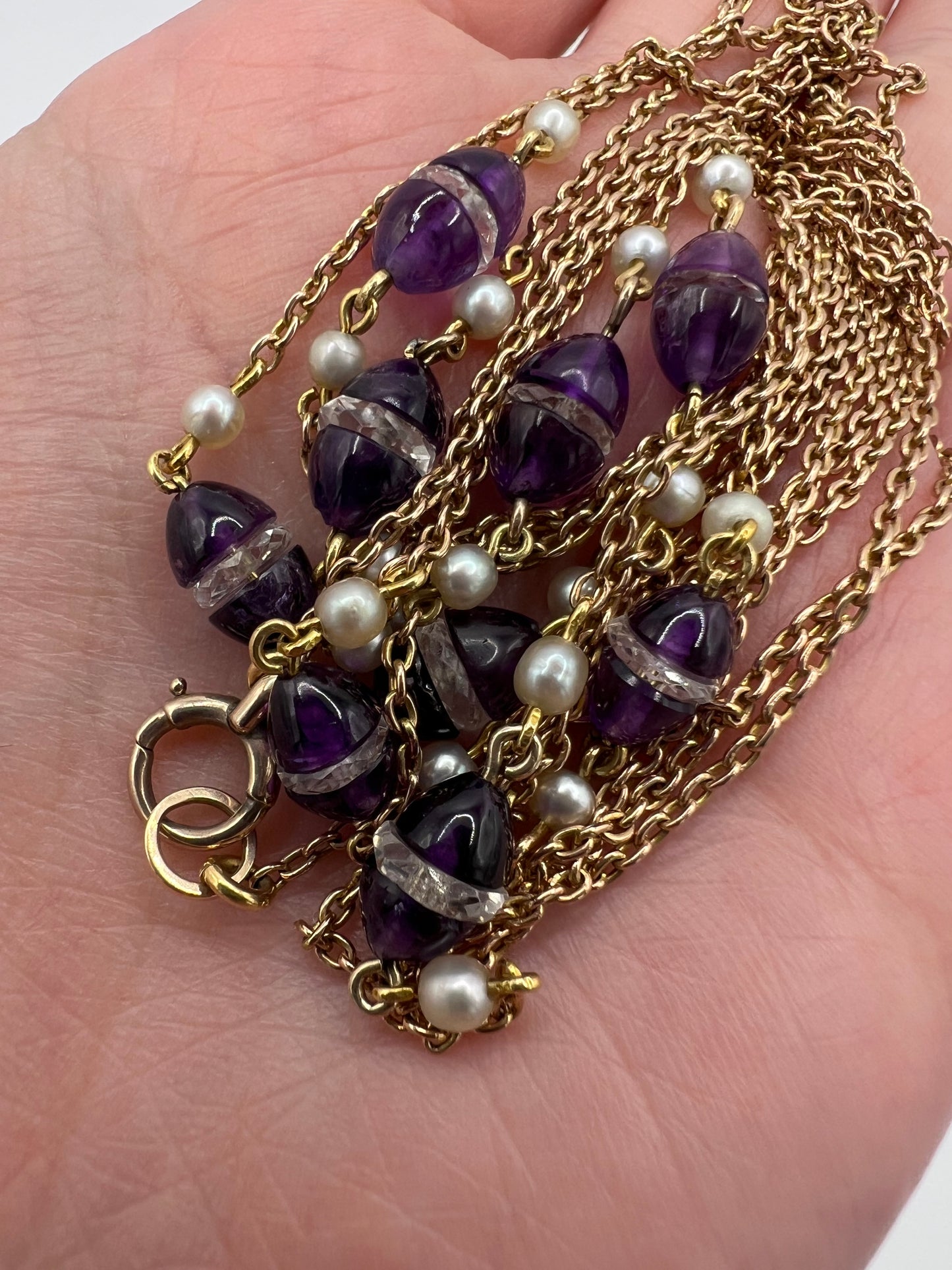 56" Long Art Deco Rose Gold Long Amethyst Pearl Rock Crystal Chain