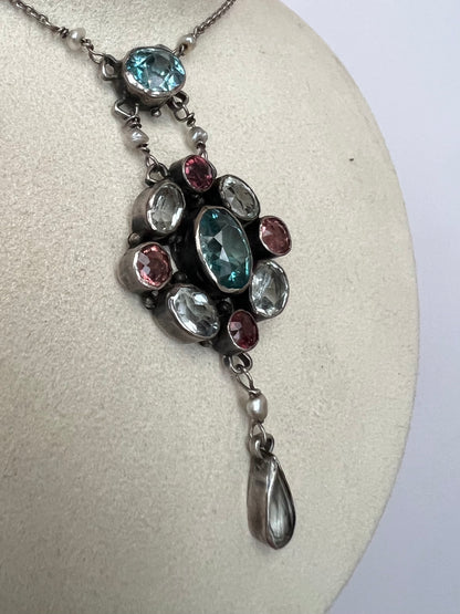 Pink Tourmaline Blue Zircon Rock Crystal Arts & Crafts Silver Pendant. Reserved, please enquire