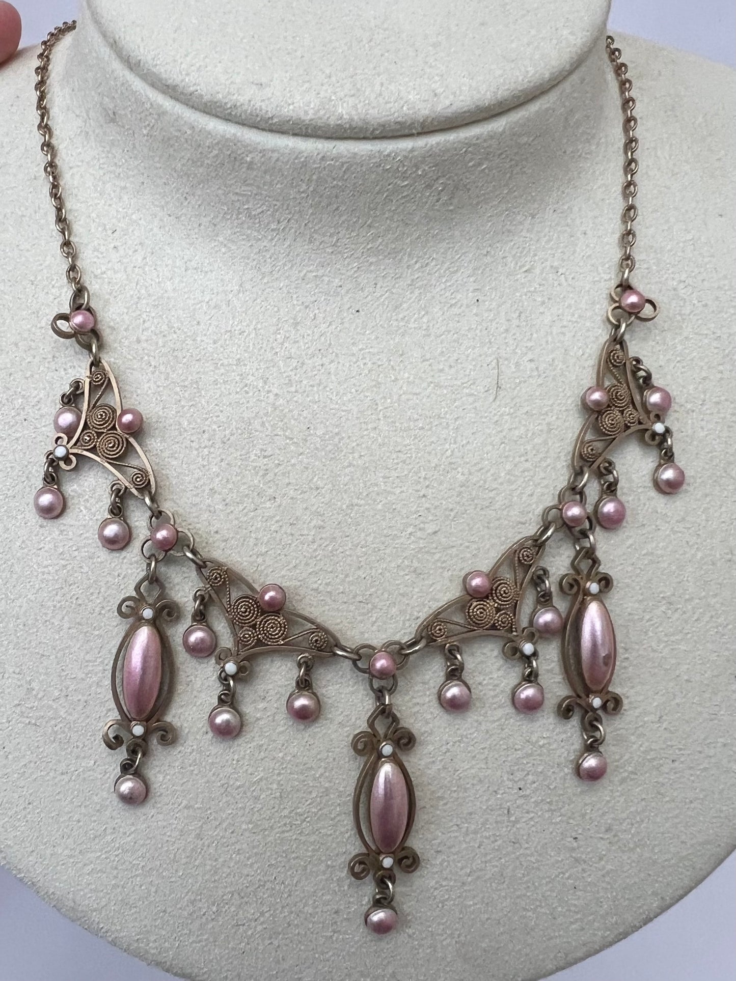 Pink Enamel Silver Gilt Norwegian Necklace Attributed to Marius Hammer