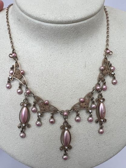 Pink Enamel Silver Gilt Norwegian Necklace Attributed to Marius Hammer