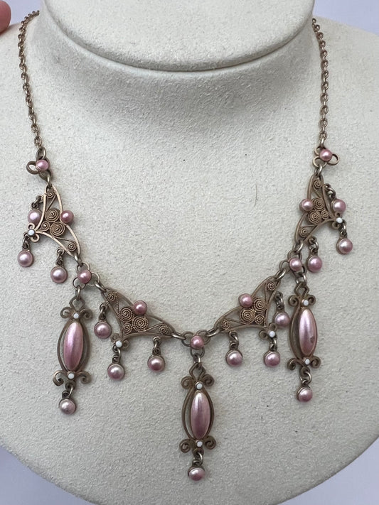 Pink Enamel Silver Gilt Norwegian Necklace Attributed to Marius Hammer