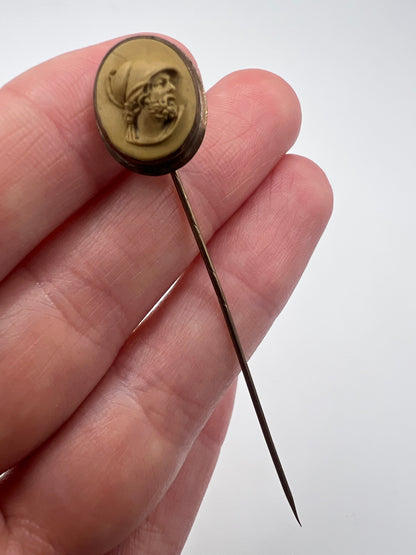 Dainty Sized High Relief Lava Cameo Gold Boxed Stick Pin
