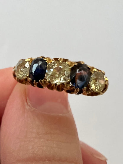 Victorian 18ct Gold Sapphire Old Cut Diamond 5 Stone Ring