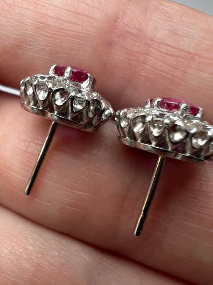 Late Art Deco 1950s Natural Ruby Diamond Daisy Cluster Stud Earrings, Boxed 18ct White Gold