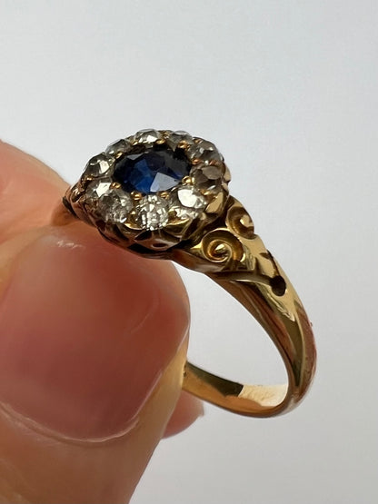1888 Cute Sapphire Old Cut Diamond Halo 18ct Gold Ring