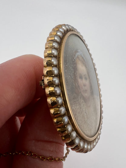 Oval Portrait Miniature Brooch Of Pretty Girl in Gold And Pearl Frame